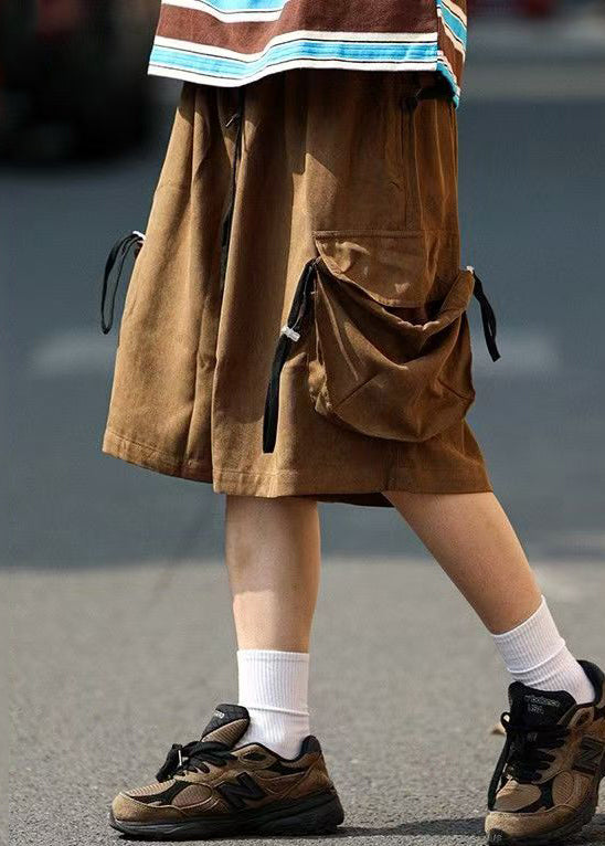 Drawstring Coffee Pockets Cotton Mens Shorts Retro Summer