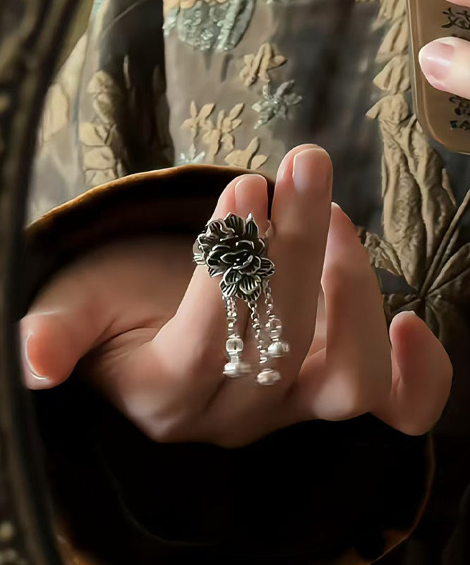 Silk Silver Rings Peony Retro Tassel Sterling