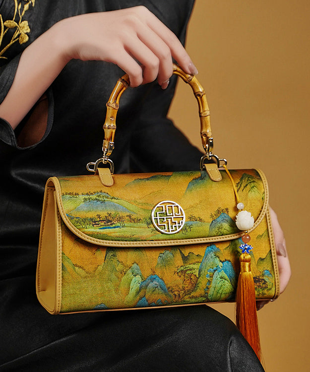 Yellow Tote Print Retro Tassel Decorated Silk Bag