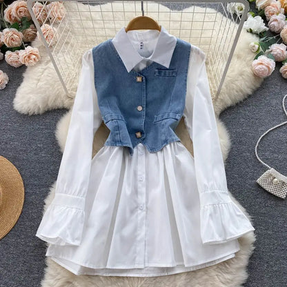 Set Of 2 : Long-Sleeve Lapel Dress + Sleeveless V-Neck Denim Top MK18947