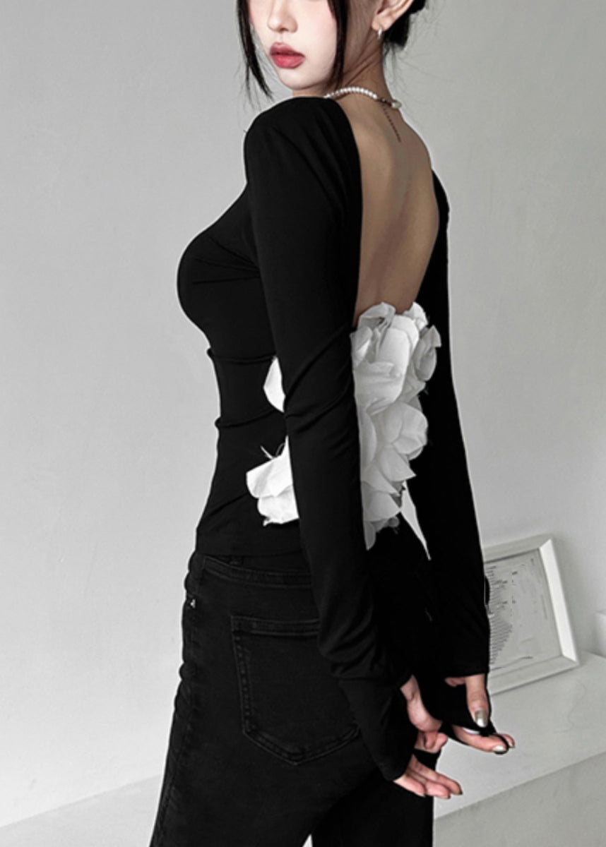 Hollow Backless Sexy Out Black Top Patchwork Fall