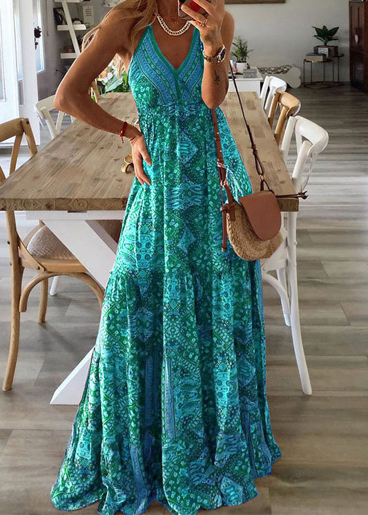 Dress Sexy Spaghetti Strap V Green Print Neck Long Holiday Sleeveless