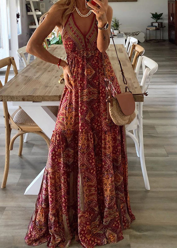 Dress Sexy Spaghetti Strap V Green Print Neck Long Holiday Sleeveless