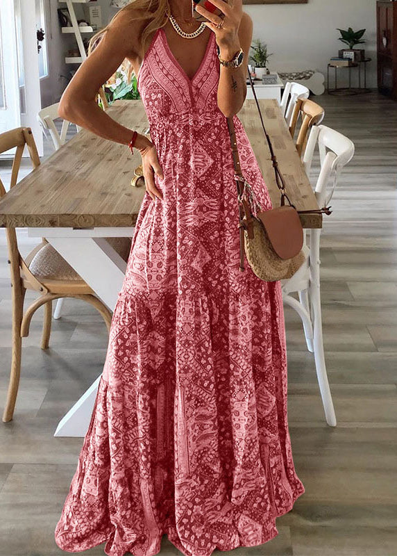 Dress Sexy Spaghetti Strap V Green Print Neck Long Holiday Sleeveless