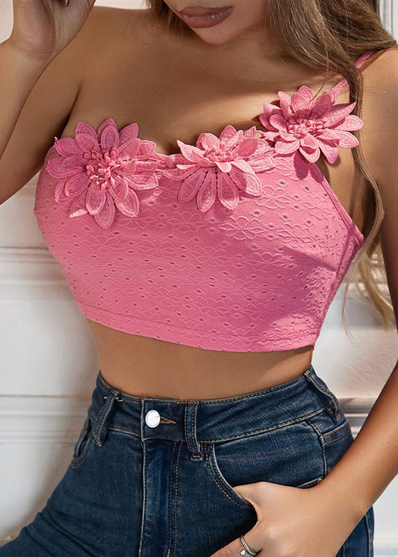 Top With Shoulder Camisole Sexy Pink Flower Single Dimensional