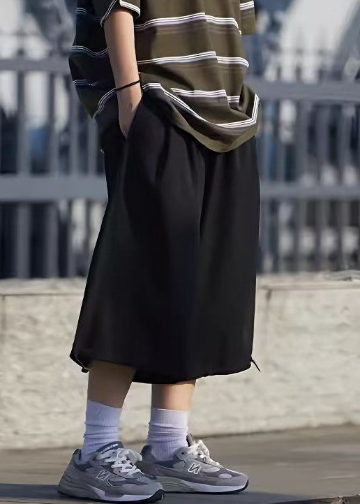 Simple Grey Pockets Ice Drawstring Crop Summer Men Silk Pants