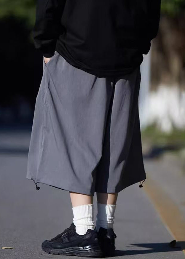 Simple Grey Pockets Ice Drawstring Crop Summer Men Silk Pants