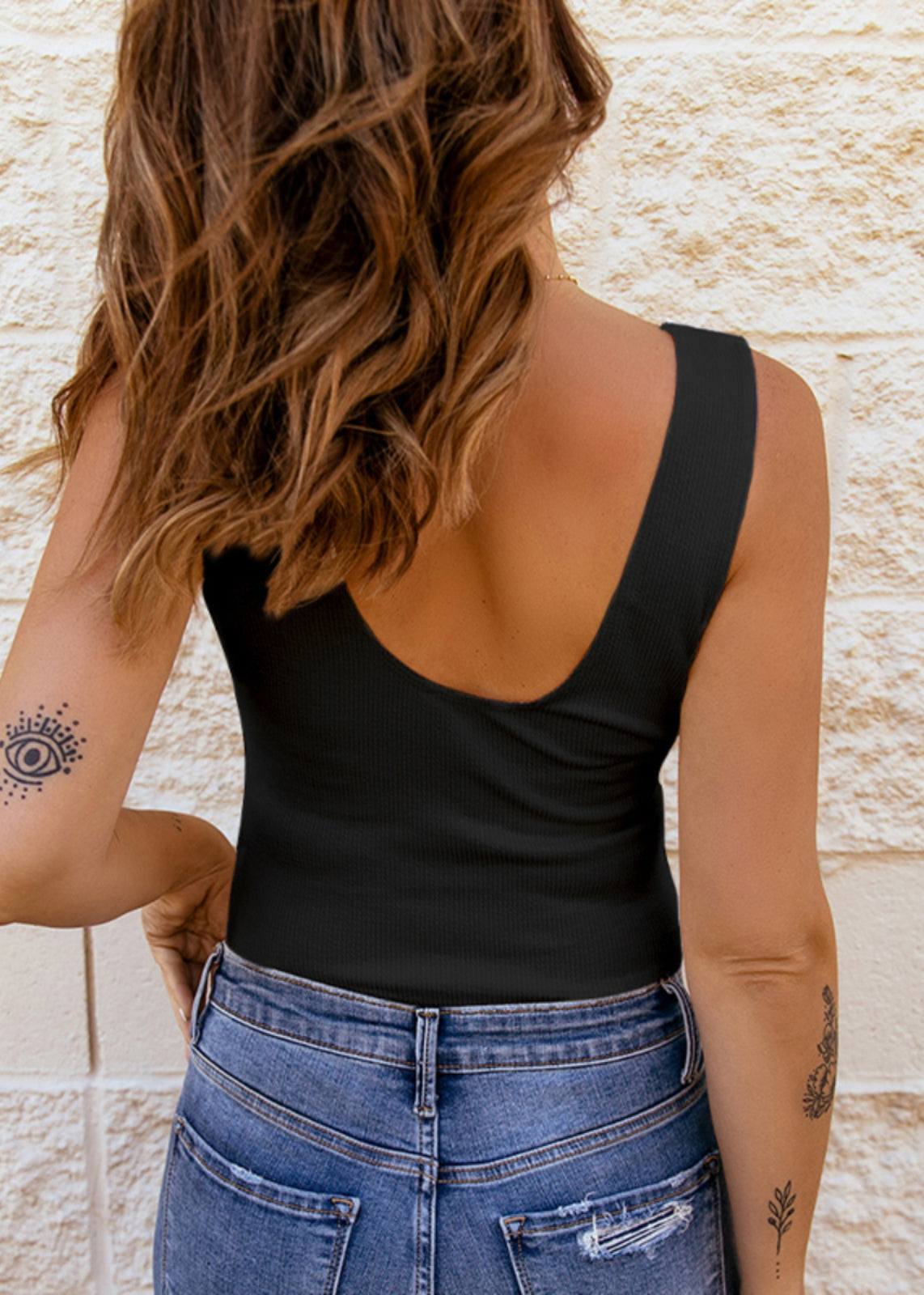 Black Tank Sleeveless Fit Neck Lace V Slim Patchwork