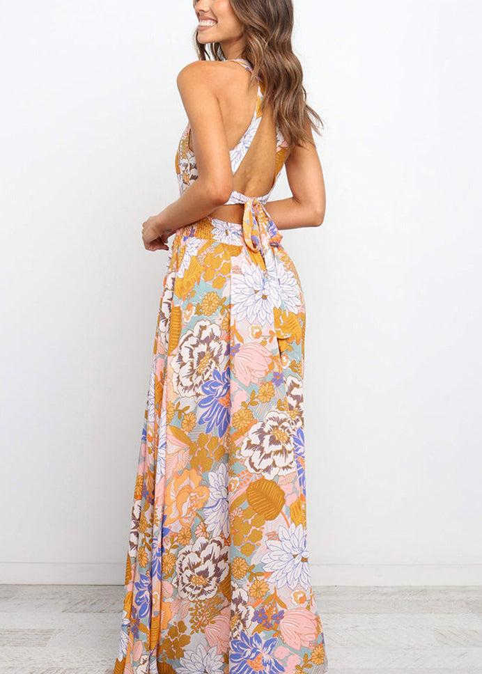 Print Sleeveless Dresses Tunic Maxi Colorblock Slim Fit Backless