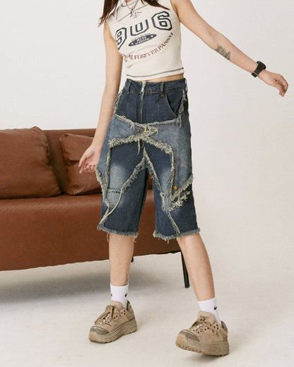 Y2K Star Patch High-Waisted Denim Shorts