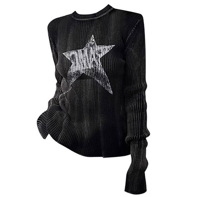 Star Print Ribbed Long Sleeve Top