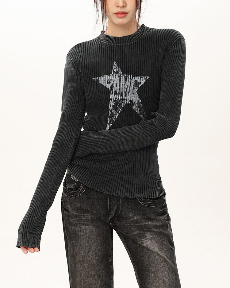 Star Print Ribbed Long Sleeve Top