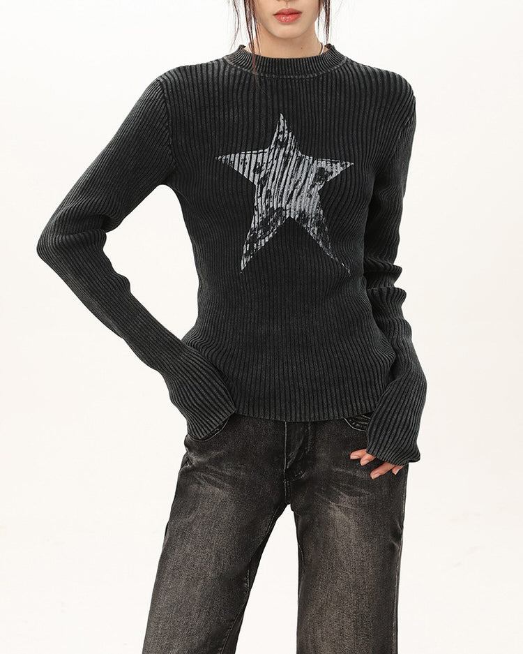 Star Print Ribbed Long Sleeve Top