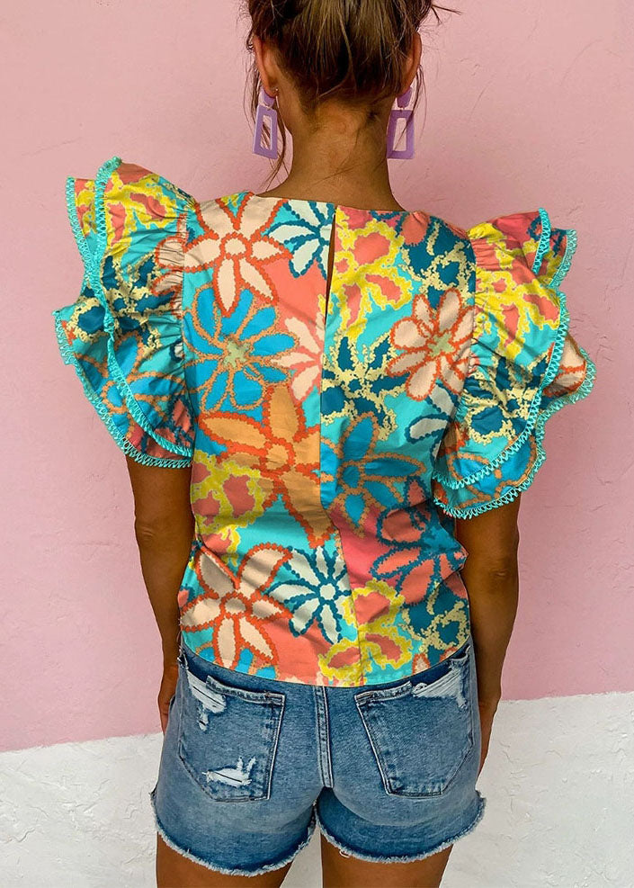 Green Ruffled Print Shirt Summer T Style O-Neck