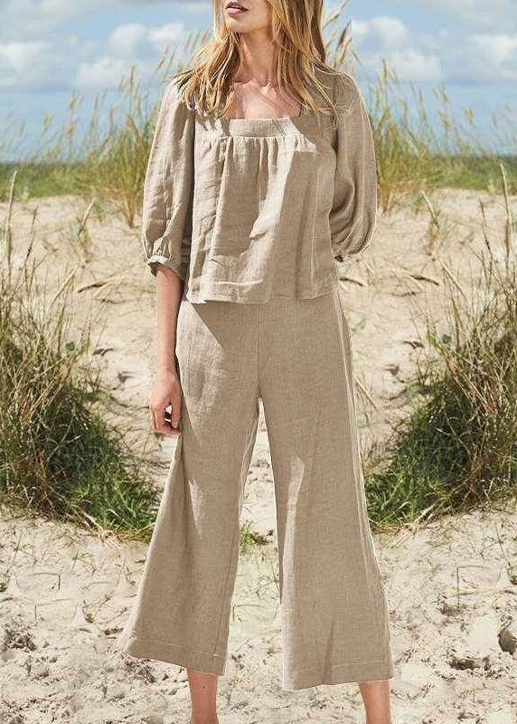 Khaki Square Pieces Two And Half Crop Style Set Top Collar Pants
