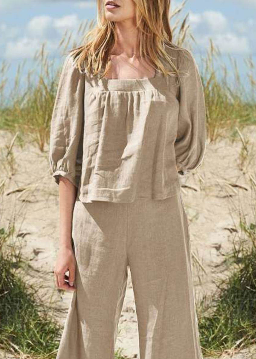 Khaki Square Pieces Two And Half Crop Style Set Top Collar Pants