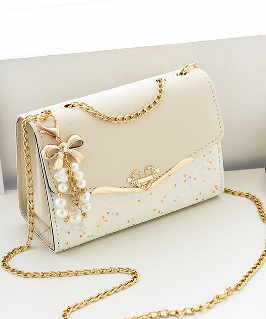 Flap Bag Leather Stylish Chain Beige Linked Faux