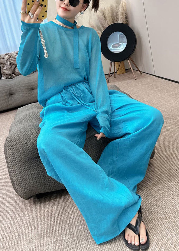 Toop Blue Leg Stylish Wide Two Piece Fall And Knit Set Pants O-Neck