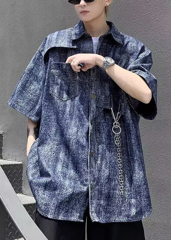 Mens Half Sleeve Tie Stylish Denim Dye Shirts Blue Linked Chain