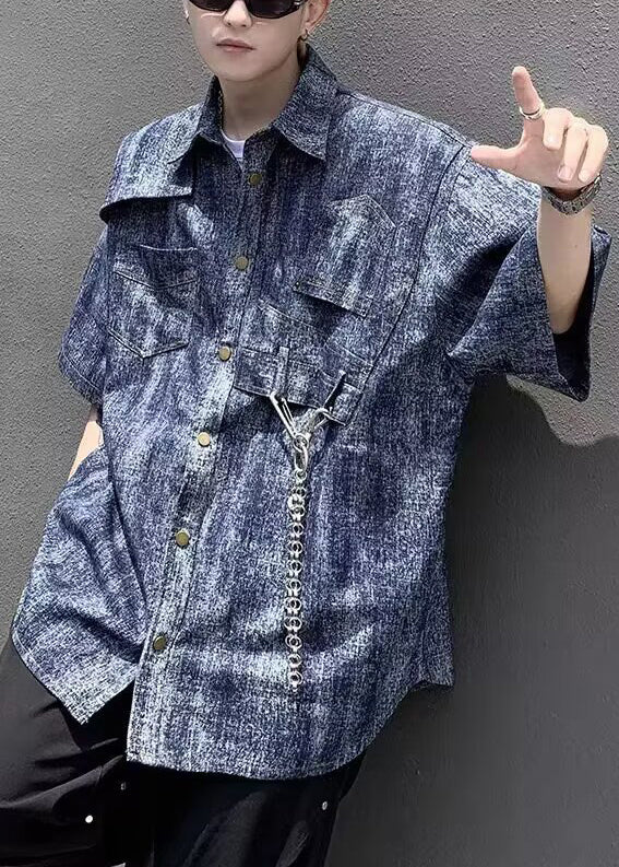 Mens Half Sleeve Tie Stylish Denim Dye Shirts Blue Linked Chain