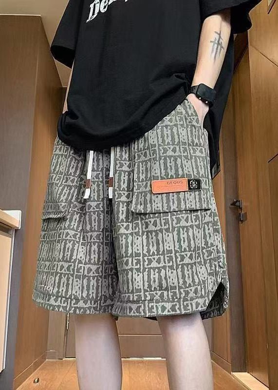Green Print Shorts Pockets Cotton Elastic Waist Men Stylish Summer