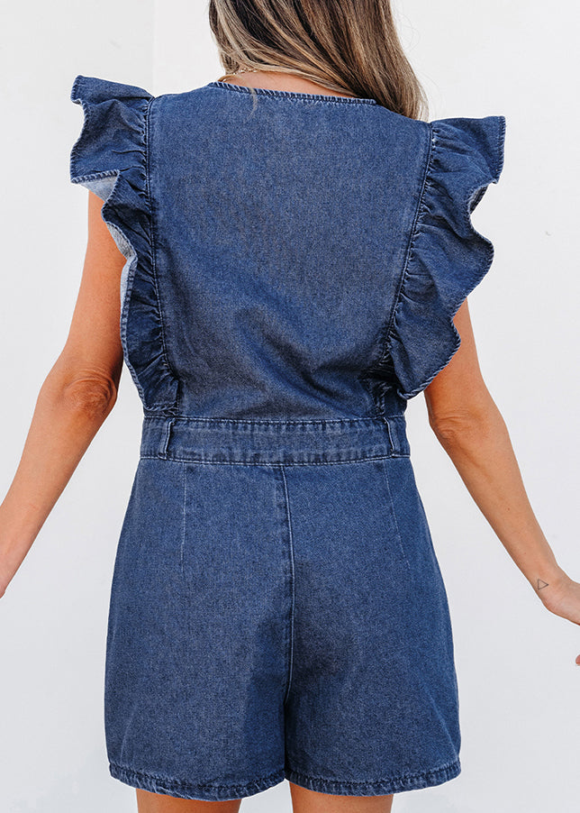 Sleeve Jumpsuit Navy Stylish Ruffled O-Neck Denim Zippered Short