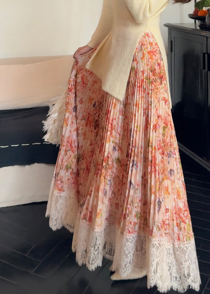 Print Orange Chiffon Pleated Stylish Patchwork Summer Skirt Lace