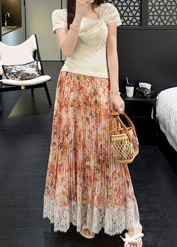 Print Orange Chiffon Pleated Stylish Patchwork Summer Skirt Lace