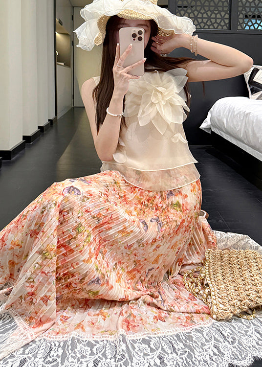 Print Orange Chiffon Pleated Stylish Patchwork Summer Skirt Lace