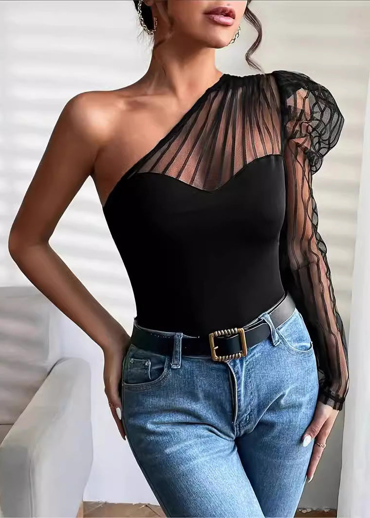 Shoulder Top Sleeved One Sexy Patchwork T-Shirt Tulle Long Summer