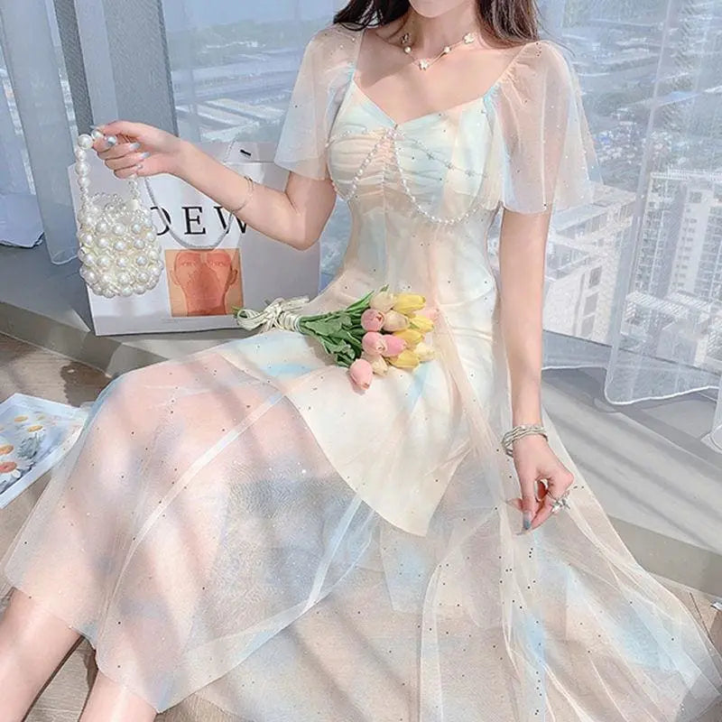 Sweet Pearls Blue Creamy Elegant Princess Sparkle Dress MK17658
