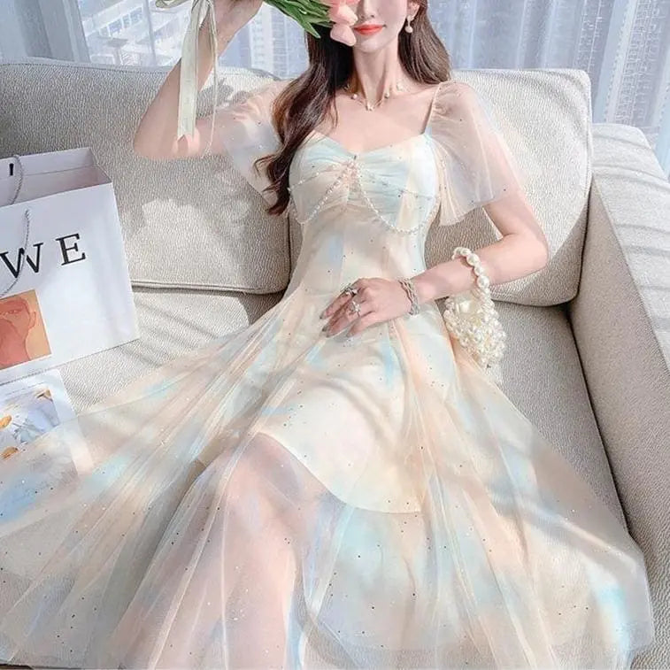 Sweet Pearls Blue Creamy Elegant Princess Sparkle Dress MK17658
