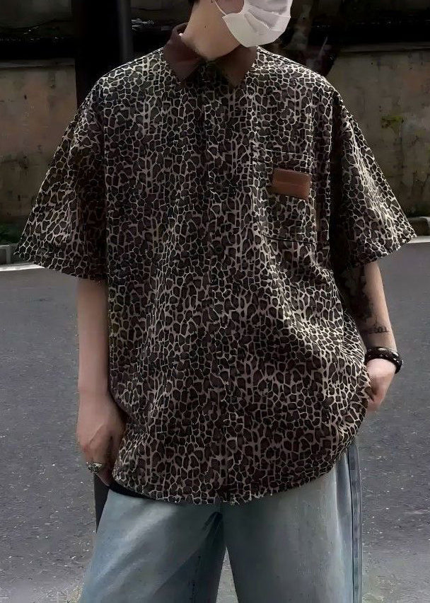 Half Pockets Men Corduroy Sleeve Unique Shirts Patchwork Leopard