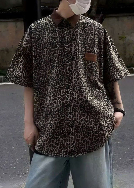 Half Pockets Men Corduroy Sleeve Unique Shirts Patchwork Leopard