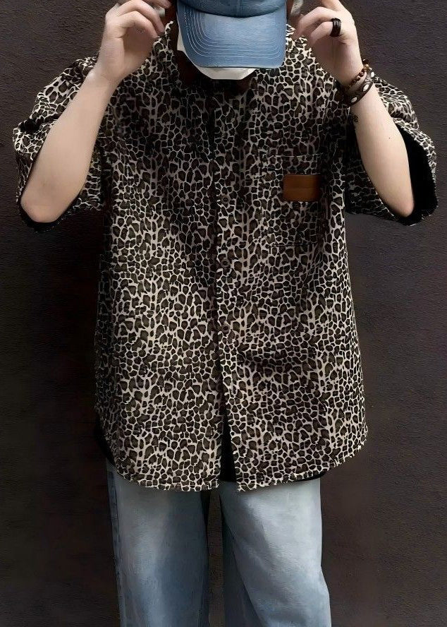 Half Pockets Men Corduroy Sleeve Unique Shirts Patchwork Leopard