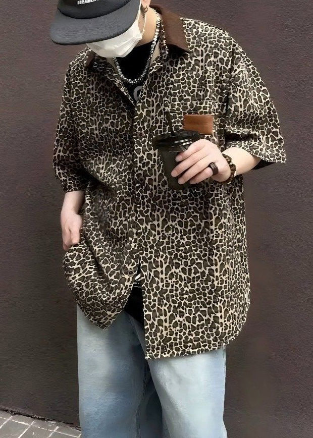 Half Pockets Men Corduroy Sleeve Unique Shirts Patchwork Leopard