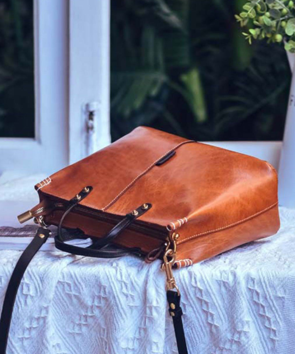 Brown Leather Handbag Tote Durable Vintage Large