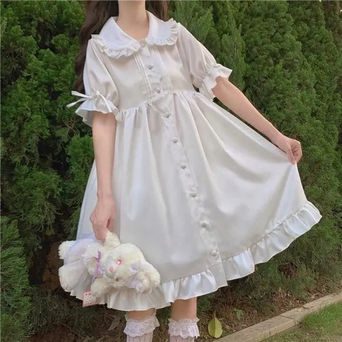 White Blossom Kawaii Princess Lolita Ruffle Dolly Girl Dress