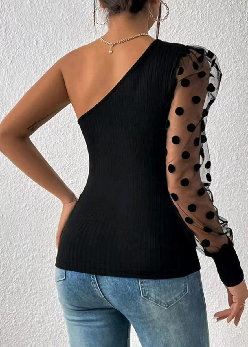 Black 2025 Sleeved Single Patchwork Top Shoulder Women