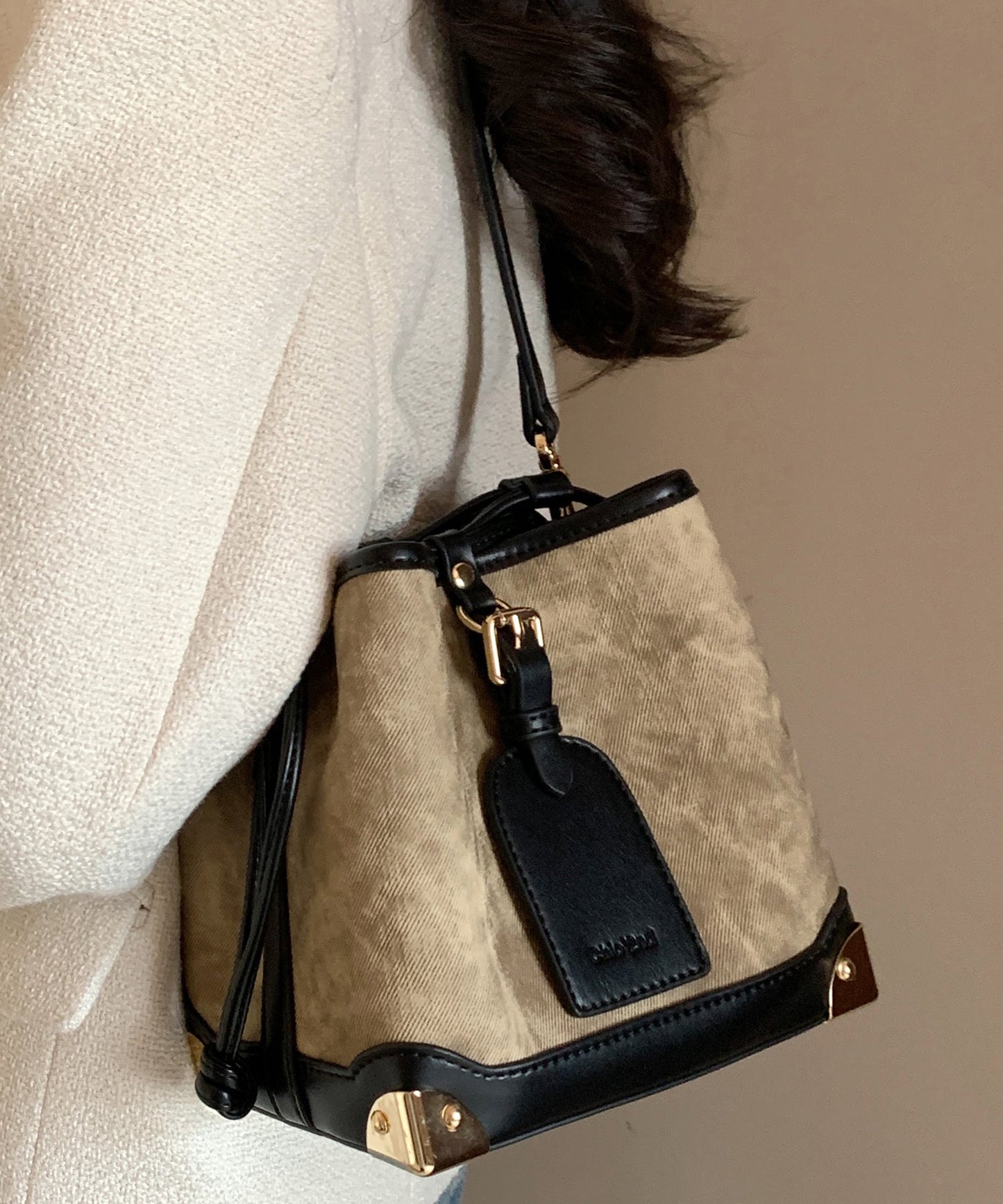 Women Drawstring Leather Black Bag Faux Bucket