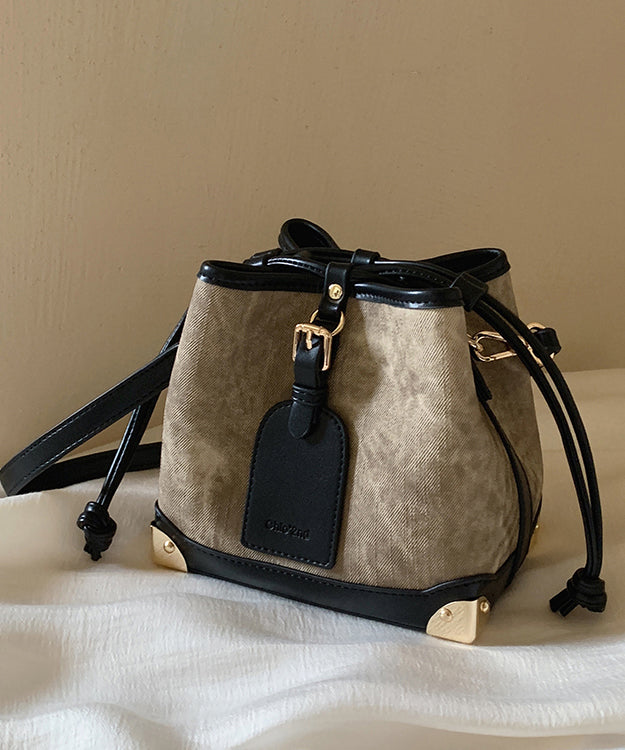 Women Drawstring Leather Black Bag Faux Bucket