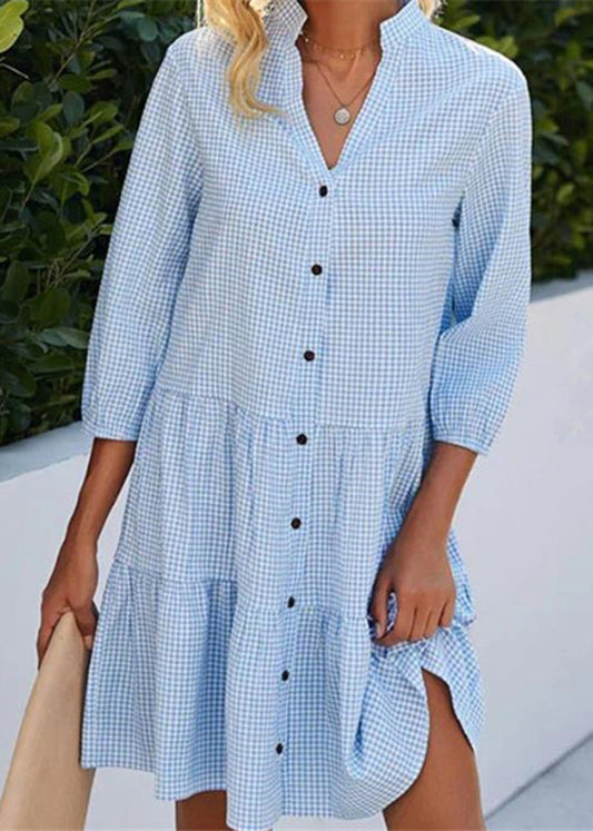 Mid Blue Fall Women Stand Collar Shirts Dress Button Plaid