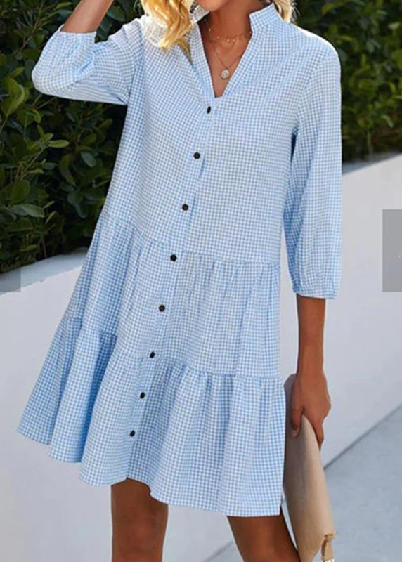 Mid Blue Fall Women Stand Collar Shirts Dress Button Plaid
