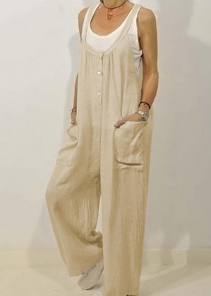 Khaki Solid O-Neck Women Jumpsuits Button Sleeveless