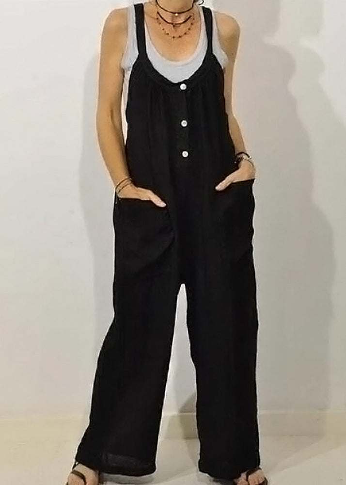 Khaki Solid O-Neck Women Jumpsuits Button Sleeveless