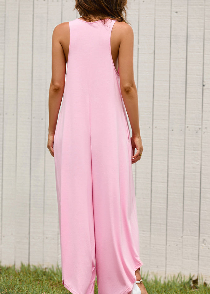Women Summer Pink Jumpsuit U Neck Solid