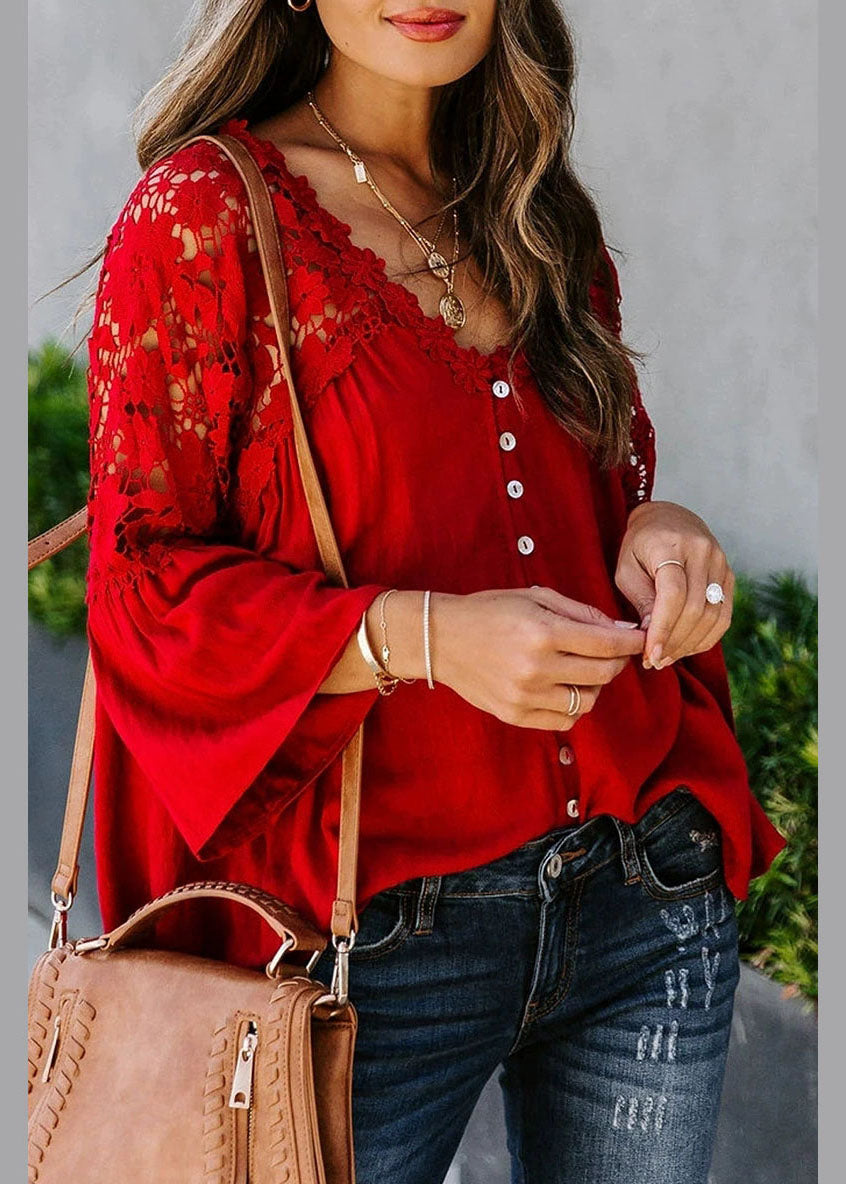 Patchwork Women Fall Red Top Solid Lace