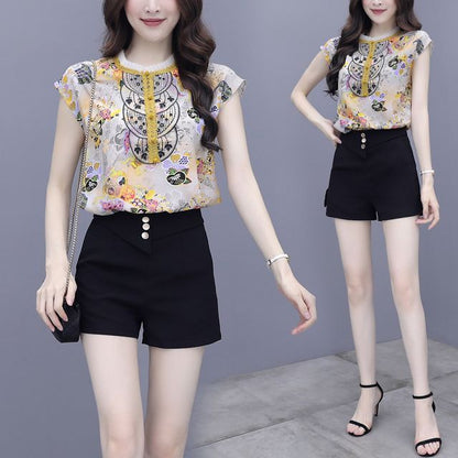 Set: Cap Sleeve Printed Blouse + A