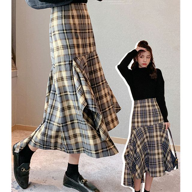 Plaid Asymmetric Hem Mermaid Skirt