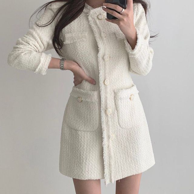 Long-Sleeve Fray Hem Mini A-Line Tweed Dress